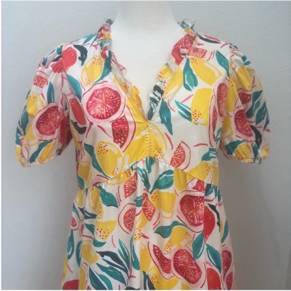 Donna Morgan Floral Dress Citrus Tiered Square Neck Cotton Yellow Red Size 6 - Picture 7 of 13